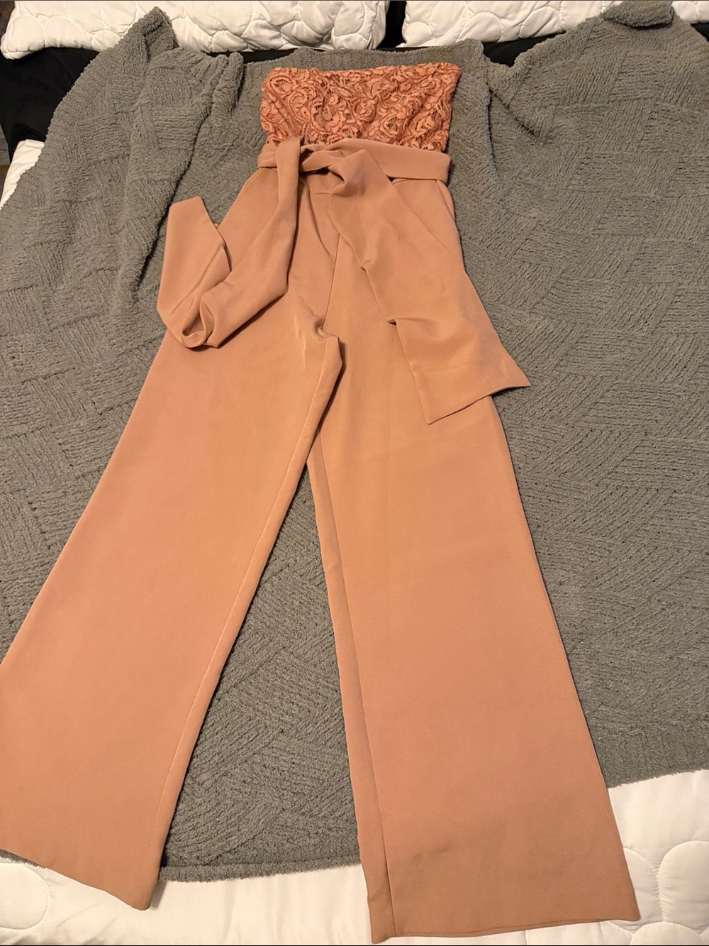 Eva Mendes Strapless Wide-Leg Jumpsuit in Dusty Rose